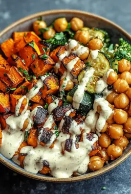Bowl mit geröstetem Gemüse und Kichererbsen mit Tahini-Dressing