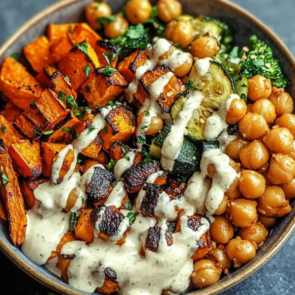 Bowl mit geröstetem Gemüse und Kichererbsen mit Tahini-Dressing