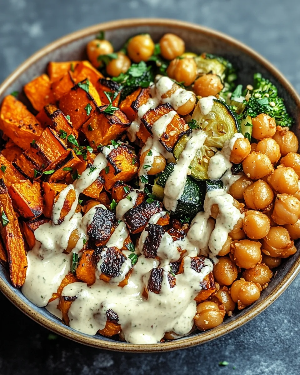 Bowl mit ger&ouml;stetem Gem&uuml;se und Kichererbsen mit Tahini-Dressing