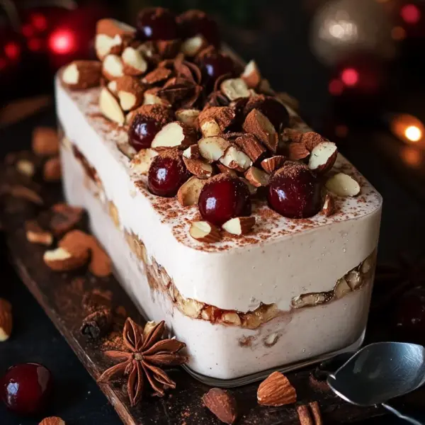 Cremiges Zimtparfait mit gebrannten Mandeln und Kirschen