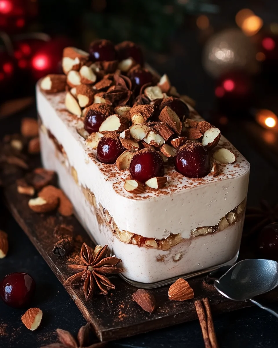 Cremiges Zimtparfait mit gebrannten Mandeln und Kirschen