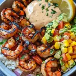 Gegrillte Garnelen Bowl mit Avocado Mais-Salsa & Cremiger Sauce