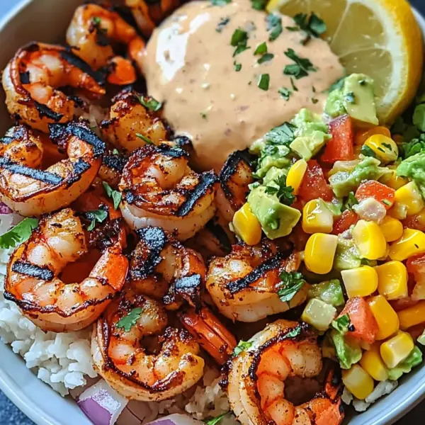 Gegrillte Garnelen Bowl mit Avocado Mais-Salsa & Cremiger Sauce