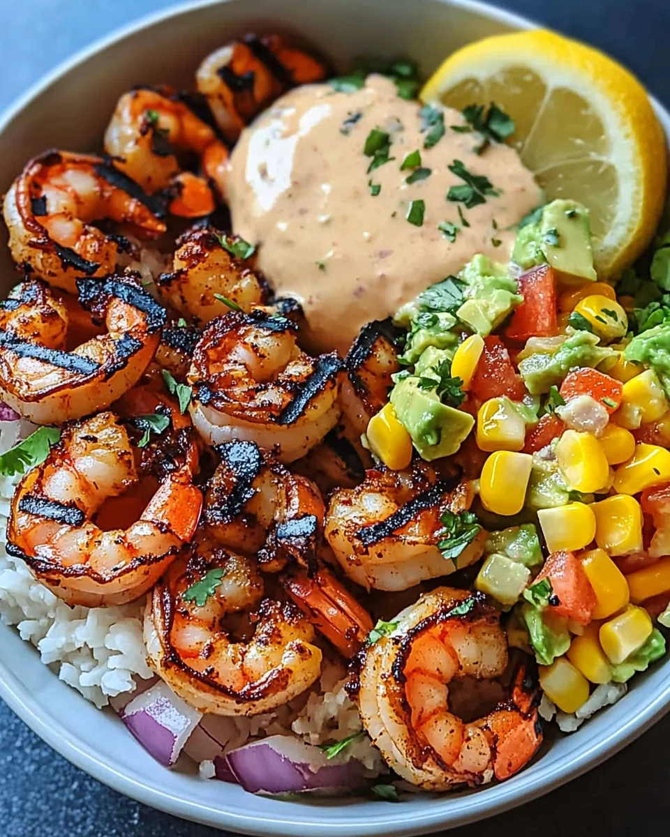 Gegrillte Garnelen Bowl mit Avocado Mais-Salsa & Cremiger Sauce 19 Gegrillte Garnelen Bowl mit Avocado Mais-Salsa & Cremiger Sauce
