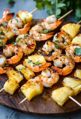 Gegrillte Garnelenspieße mit Ananas in Öl und Knoblauchsoße 32 Gegrillte Garnelenspieße mit Ananas in Öl und Knoblauchsoße