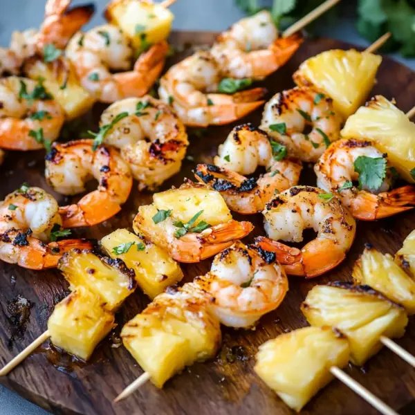 Gegrillte Garnelenspieße mit Ananas in Öl und Knoblauchsoße
