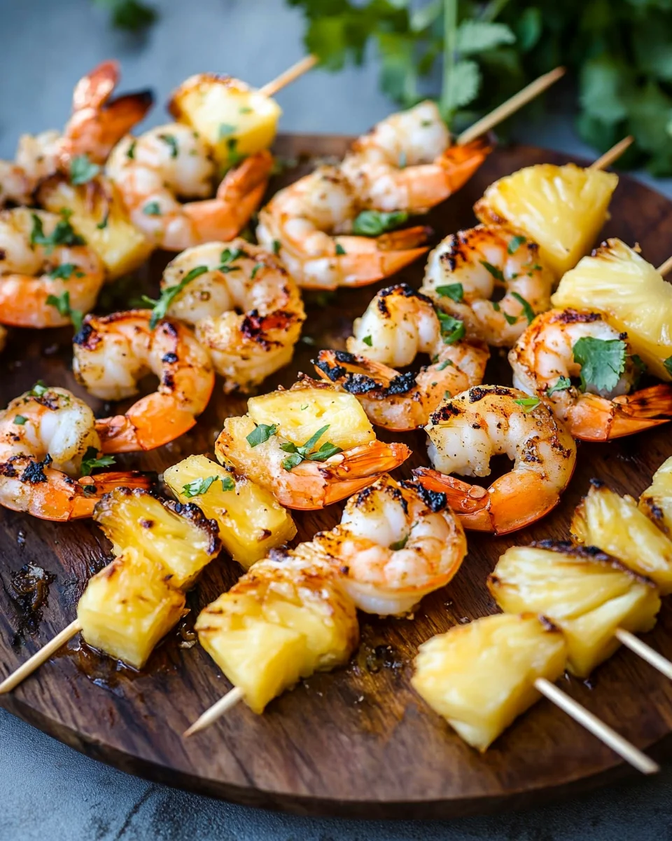 Gegrillte Garnelenspie&szlig;e mit Ananas in &Ouml;l und Knoblauchso&szlig;e