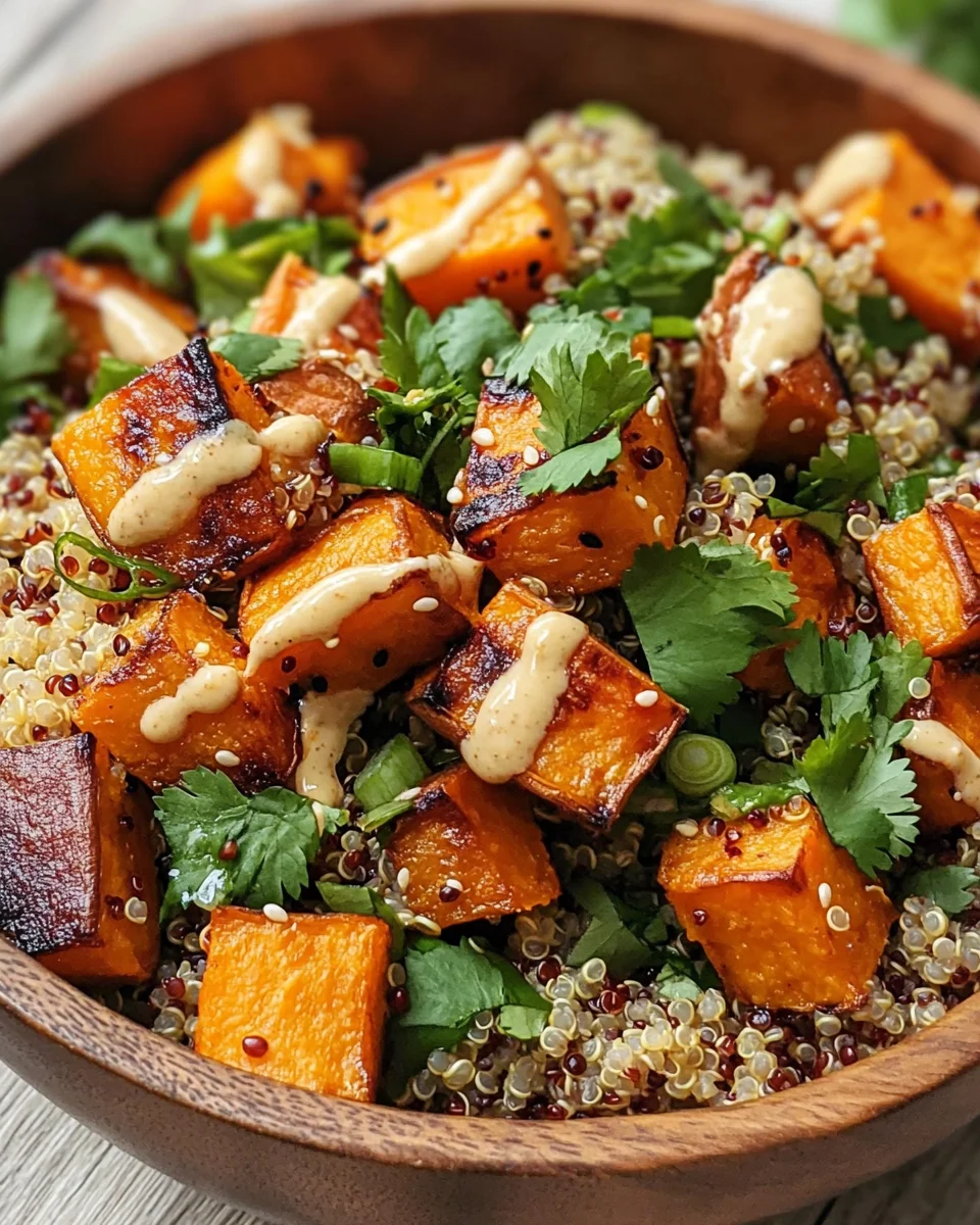 Gerösteter Süßkartoffel-Quinoa-Salat mit Sesam-Miso-Sauce