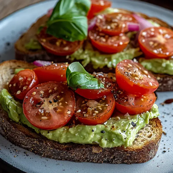 Geröstetes Brot mit Avocadobutter und Tomatensalat