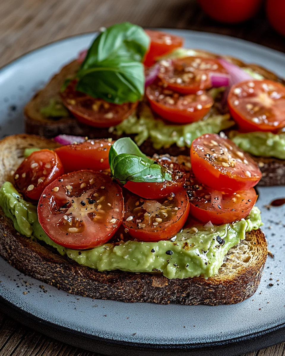 Geröstetes Brot mit Avocadobutter und Tomatensalat