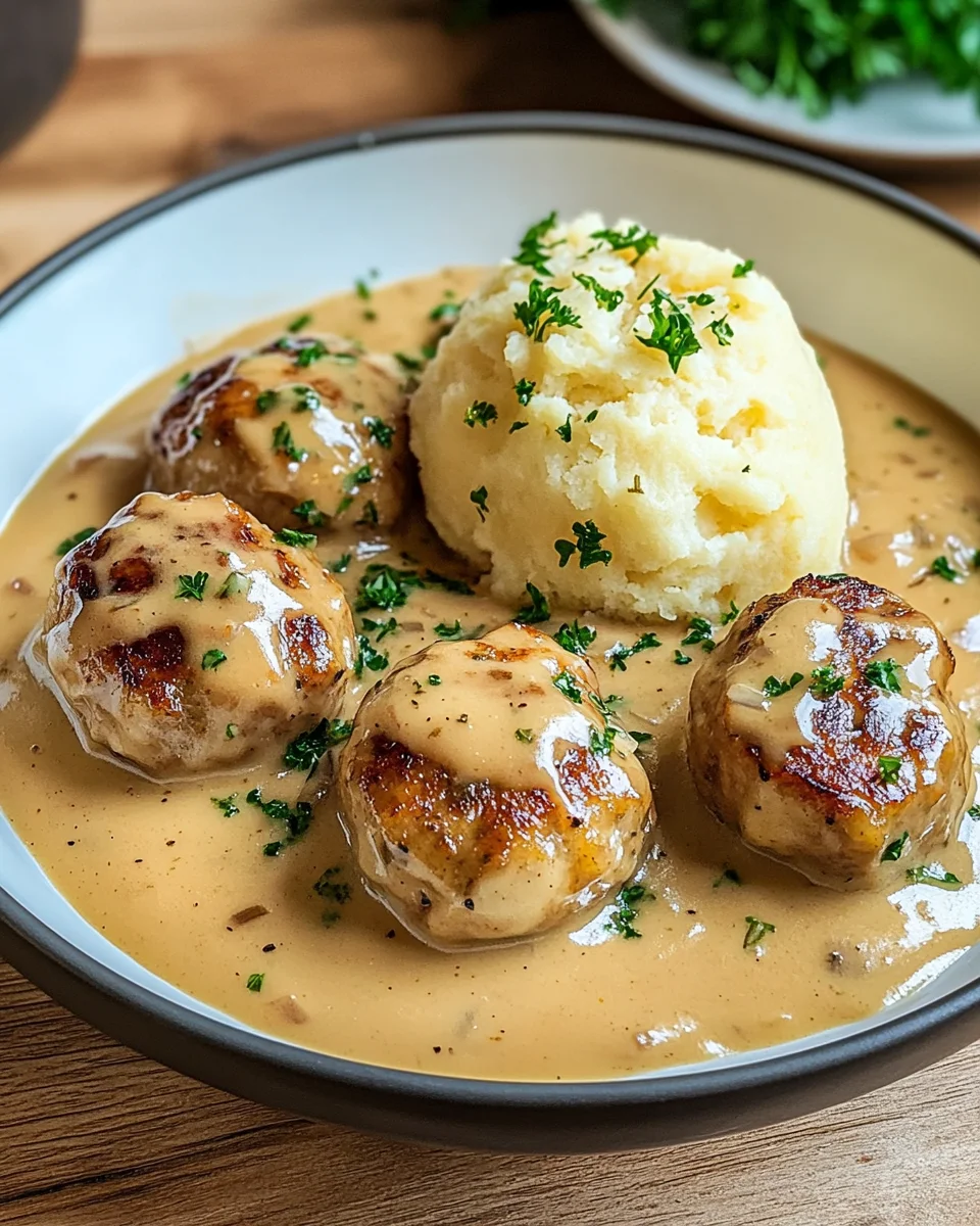 Hackbällchen in cremiger Sauce mit Kartoffelpüree 29 Hackbällchen