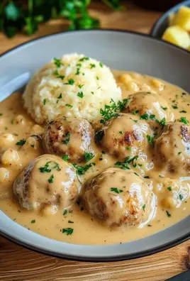 Hackbällchen in cremiger Sauce mit Kartoffelpüree 28 Hackbällchen in cremiger Sauce mit Kartoffelpüree