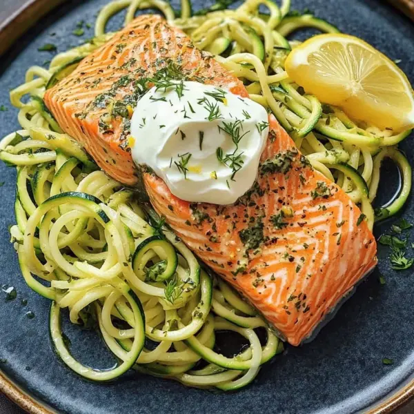 Kräuterlachs auf Zucchinipasta