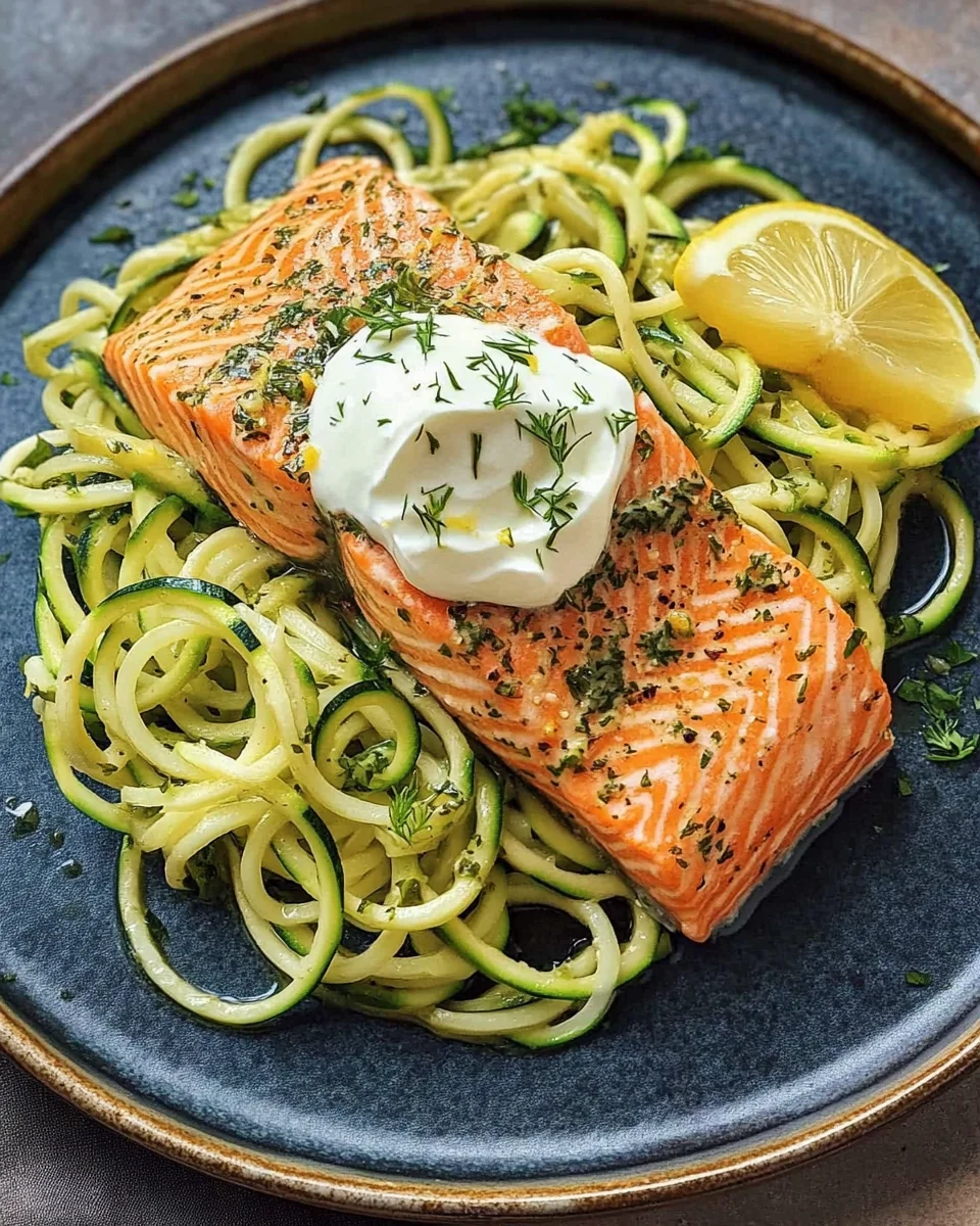 Kr&auml;uterlachs auf Zucchinipasta
