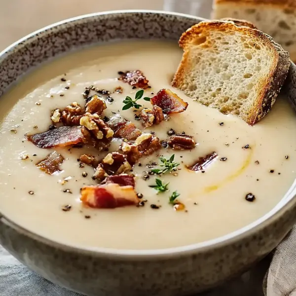 Maronensuppe mit karamellisierten Nüssen und Speck