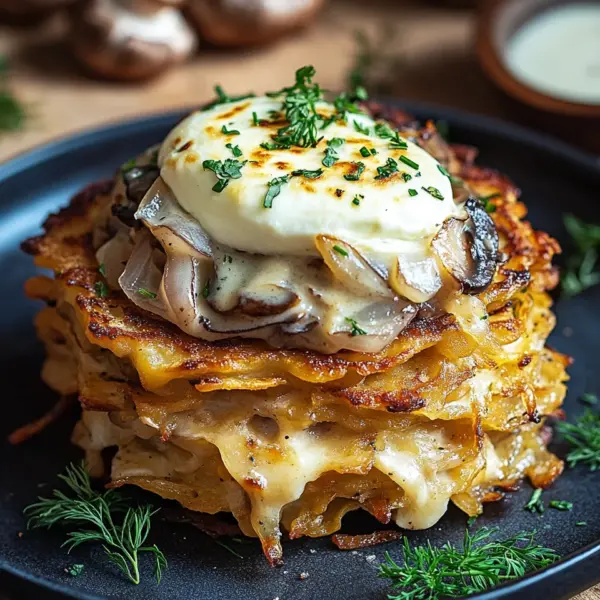 Mozzarella Rösti mit Zwiebel-Pilzrahmsoße