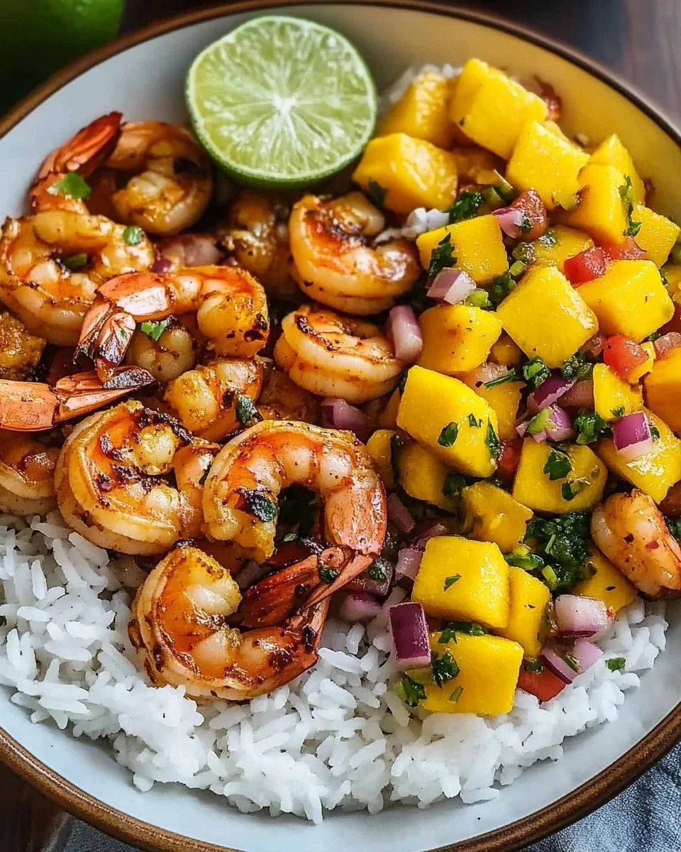 Pikante Garnelen und Mango Salsa Reisbowl 16 Pikante