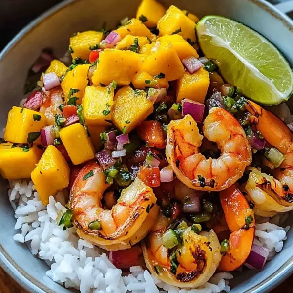 Pikante Garnelen und Mango Salsa Reisbowl