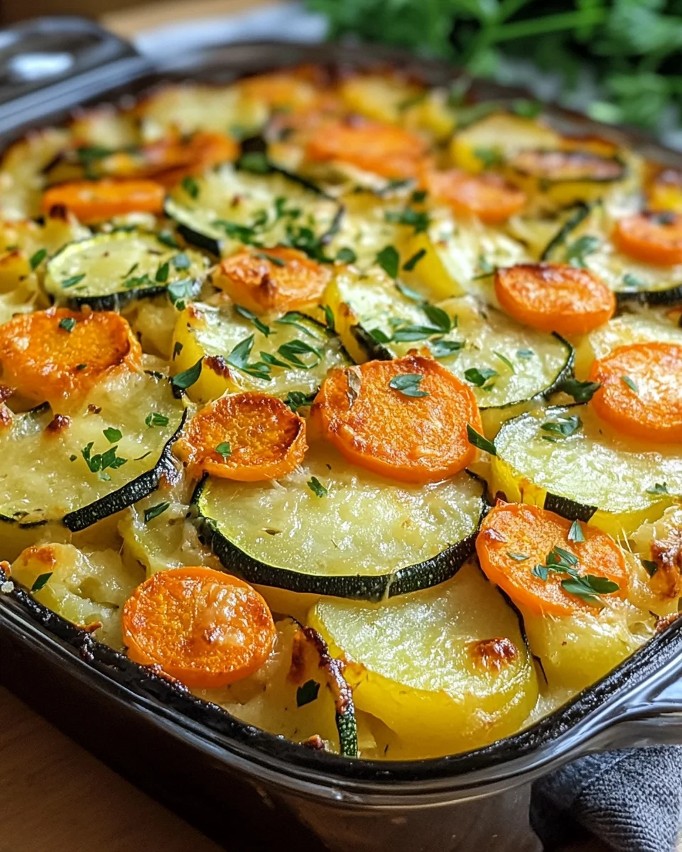 Vegetarischer Kartoffelauflauf mit Zucchini, Karotten und Zwiebeln 22 Vegetarischer