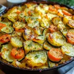 Vegetarischer Kartoffelauflauf mit Zucchini, Karotten und Zwiebeln