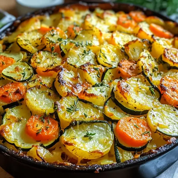 Vegetarischer Kartoffelauflauf mit Zucchini, Karotten und Zwiebeln