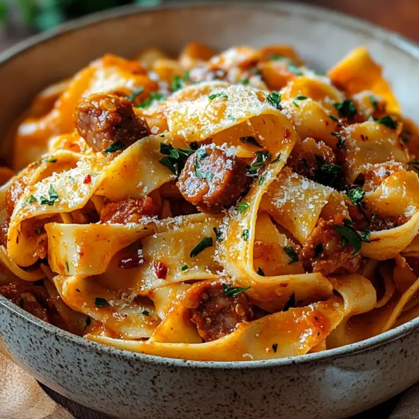 Cremige kalabrische Chili-Pappardelle mit Wurst und Fenchel