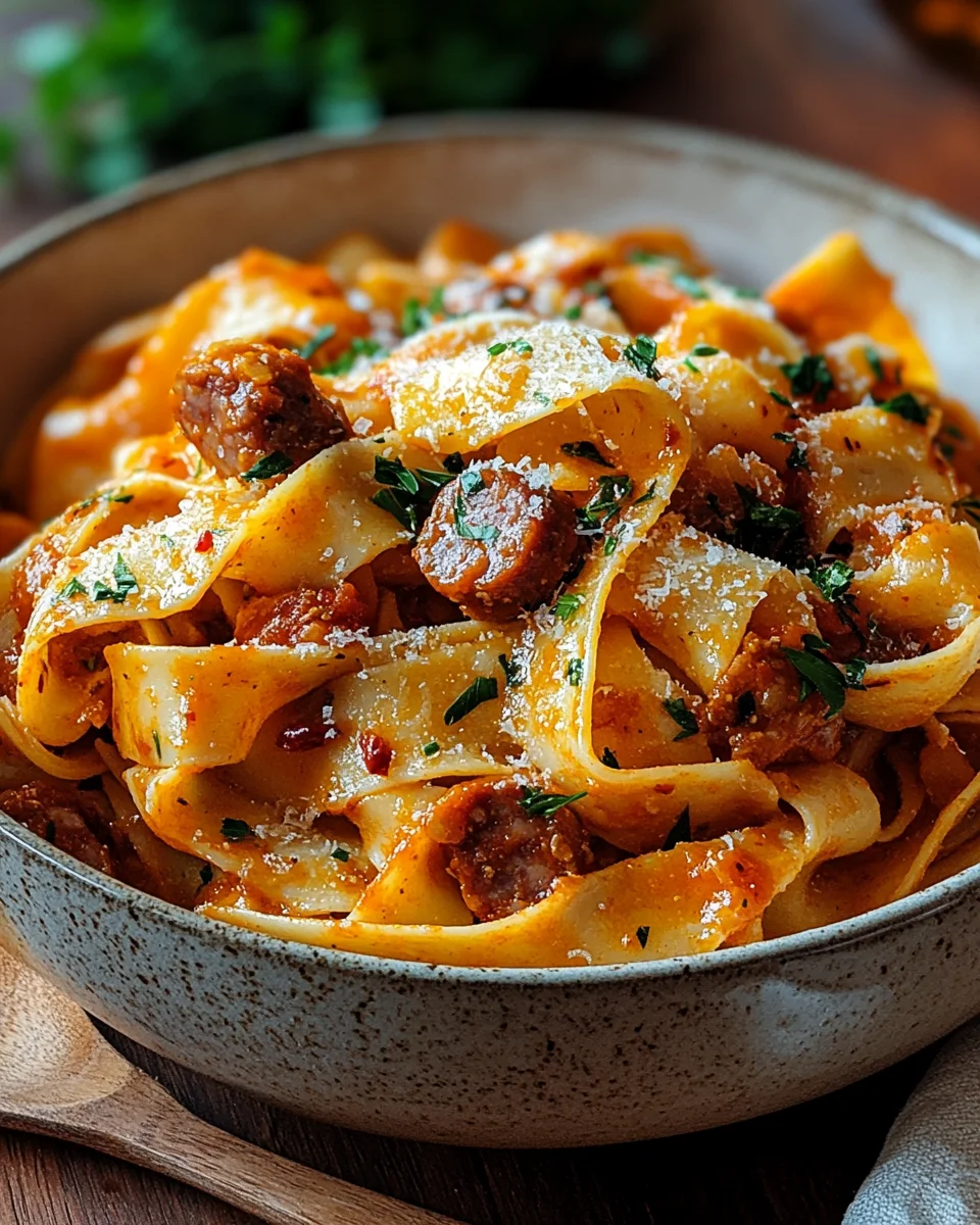 Cremige kalabrische Chili-Pappardelle mit Wurst und Fenchel