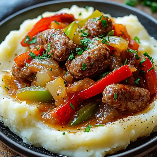 Cremige Wurst und Paprika auf Kartoffelpüree