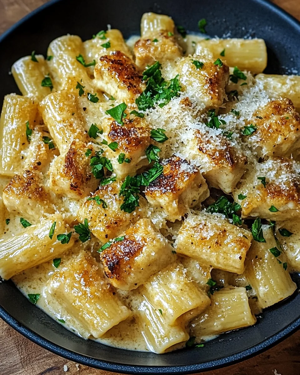 Knoblauchbutter-H&auml;hnchen mit Rigatoni und Parmesan