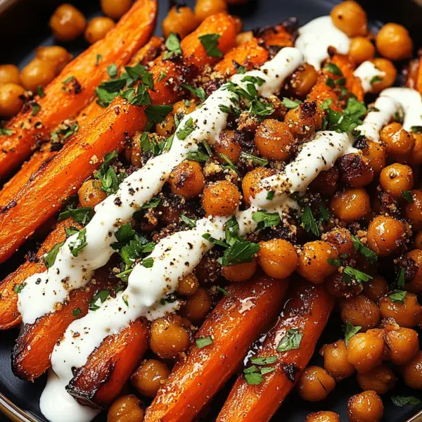 Spicy Maple-Roasted Carrots with Crispy Chickpeas and Yogurt Sauce
