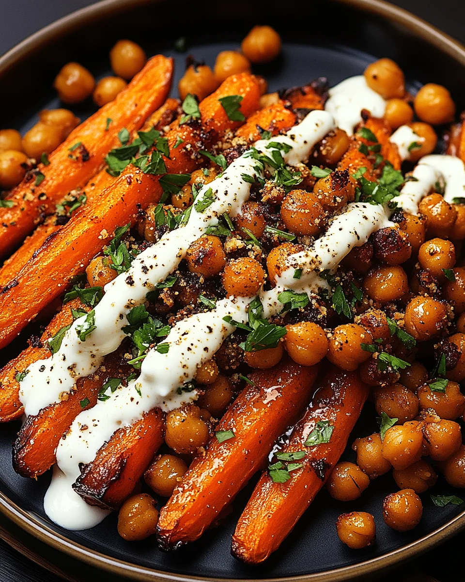 Spicy Maple-Roasted Carrots with Crispy Chickpeas and Yogurt Sauce