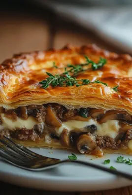 Torte mit Pilzen, Hackfleisch und Käse