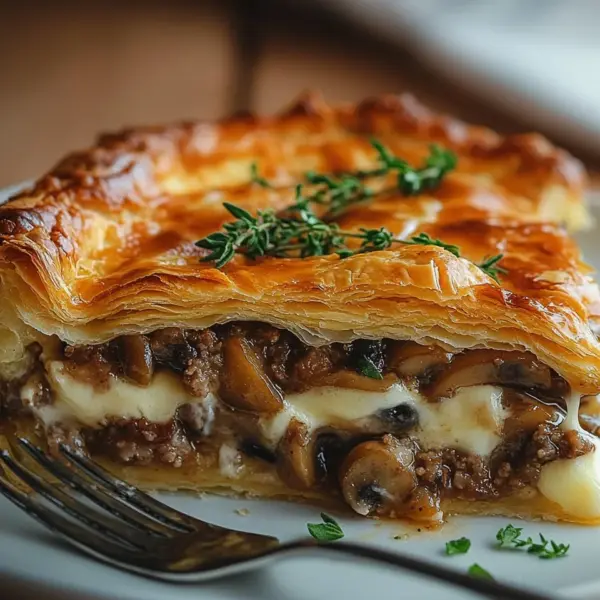 Torte mit Pilzen, Hackfleisch und Käse