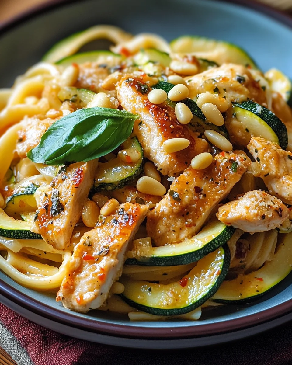 Zucchini Parmesan Pasta mit H&auml;hnchen und Pinienkernen