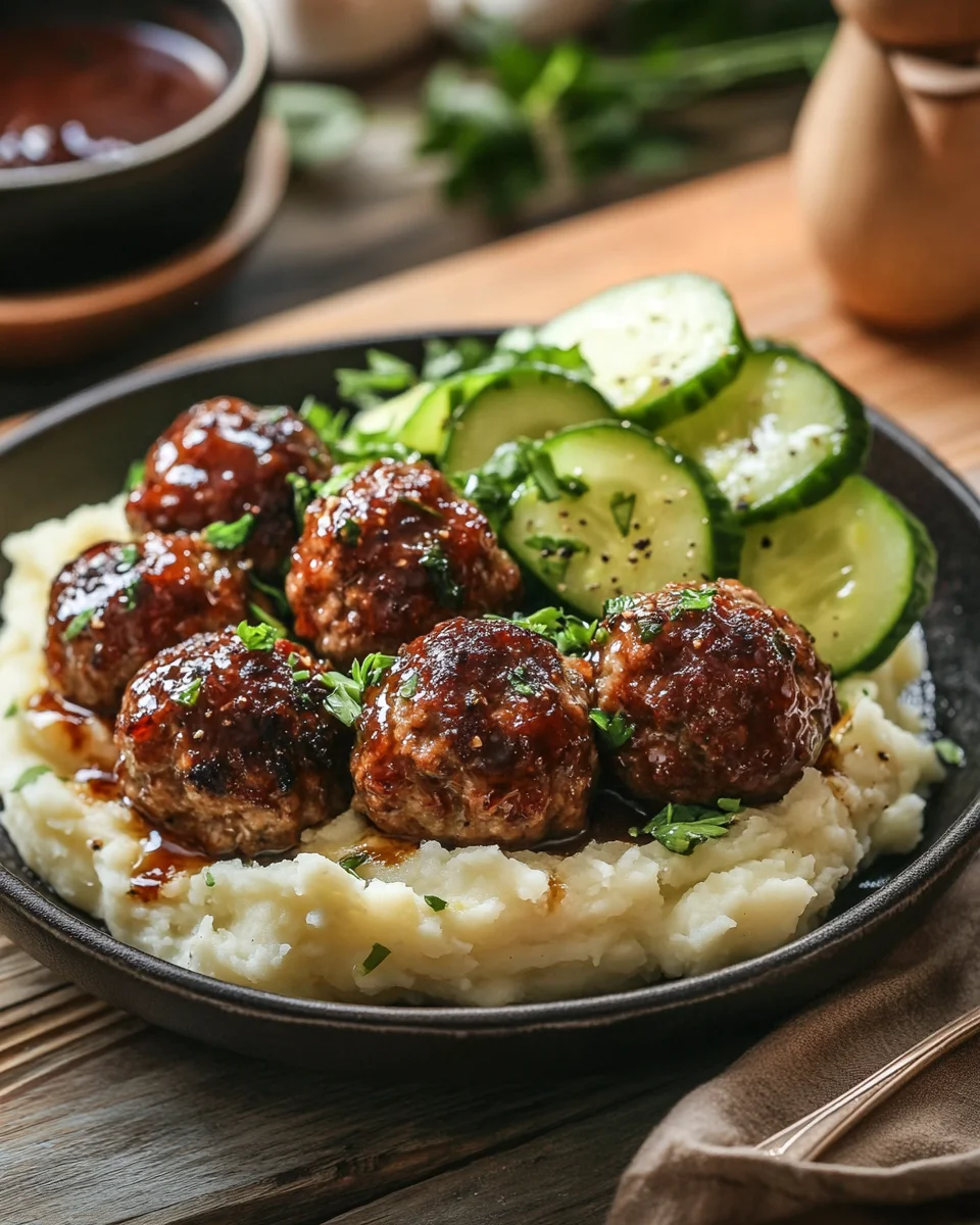Fleischb&auml;llchen mit Gurkensalat und Kartoffelstampf