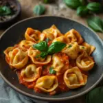 Tortellini mit Tomaten-Sahneso&szlig;e, K&auml;se und Basilikum