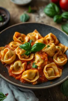 Tortellini mit Tomaten-Sahnesoße, Käse und Basilikum