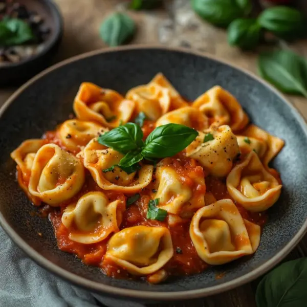 Tortellini mit Tomaten-Sahnesoße, Käse und Basilikum