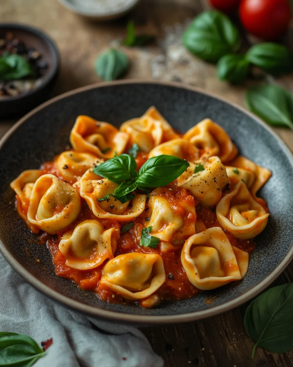 Homepage 7 Tortellini mit Tomaten-Sahnesoße, Käse und Basilikum