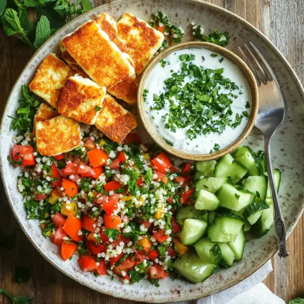Würziger Halloumi mit Tabbouleh und Minzjoghurt